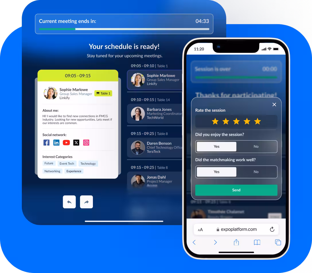 Active speed networking session with timer and rating interface for participants