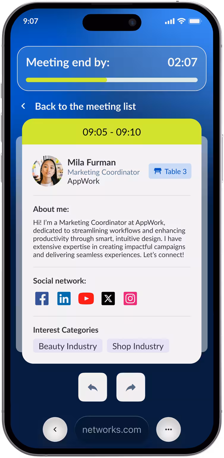 Networks mobile app interface showing speed networking schedule and participant profiles